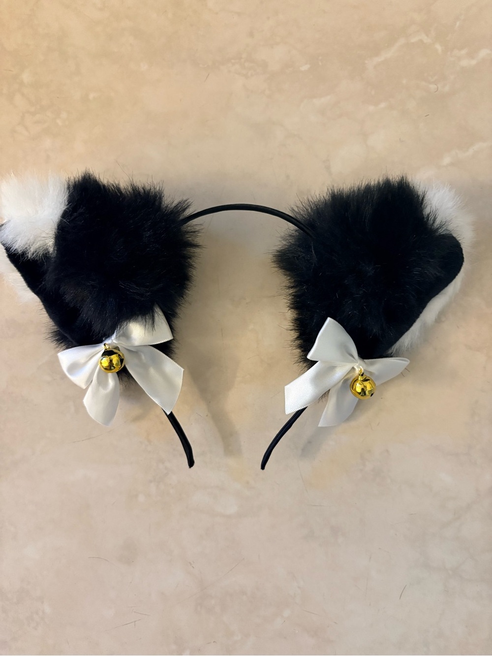 Black & White Furry Cat Ear Headband with Bows and Bells